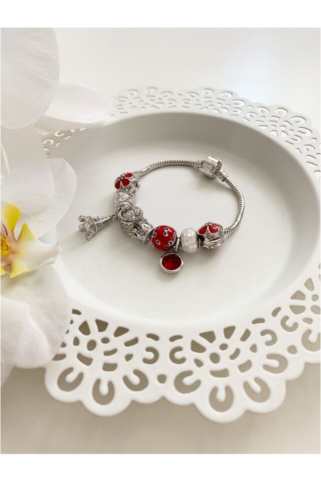 Bratara Charm Paris placata in 3 straturi cu argint 925, 9 charmuri