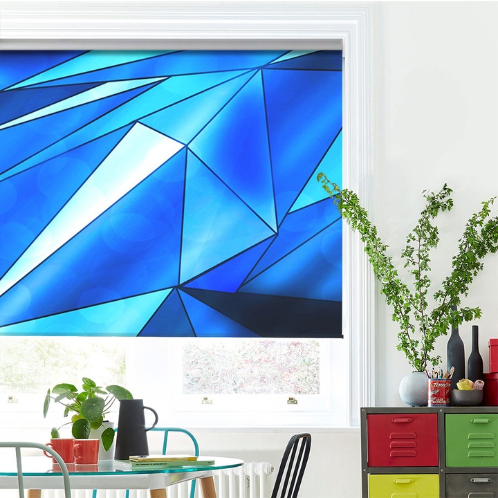 Rolete Art Shade tip Jaluzele cu Rulou si sistem inclus, Triunghiuri albastre, Decoratiuni, Latime 95 cm x Inaltime 250 cm