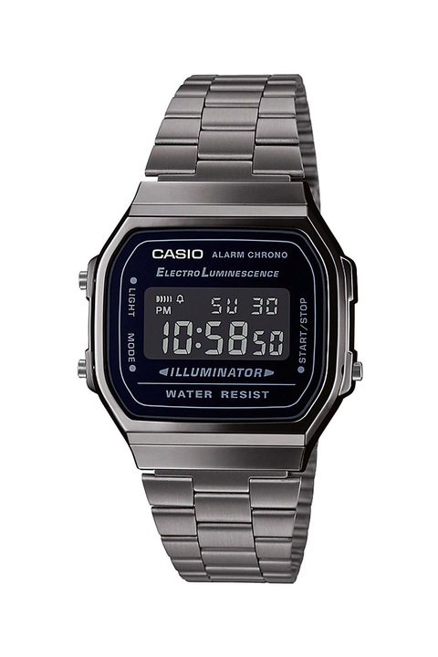Casio, Унисекс цифров часовник с иноксова верижка, Тъмносив