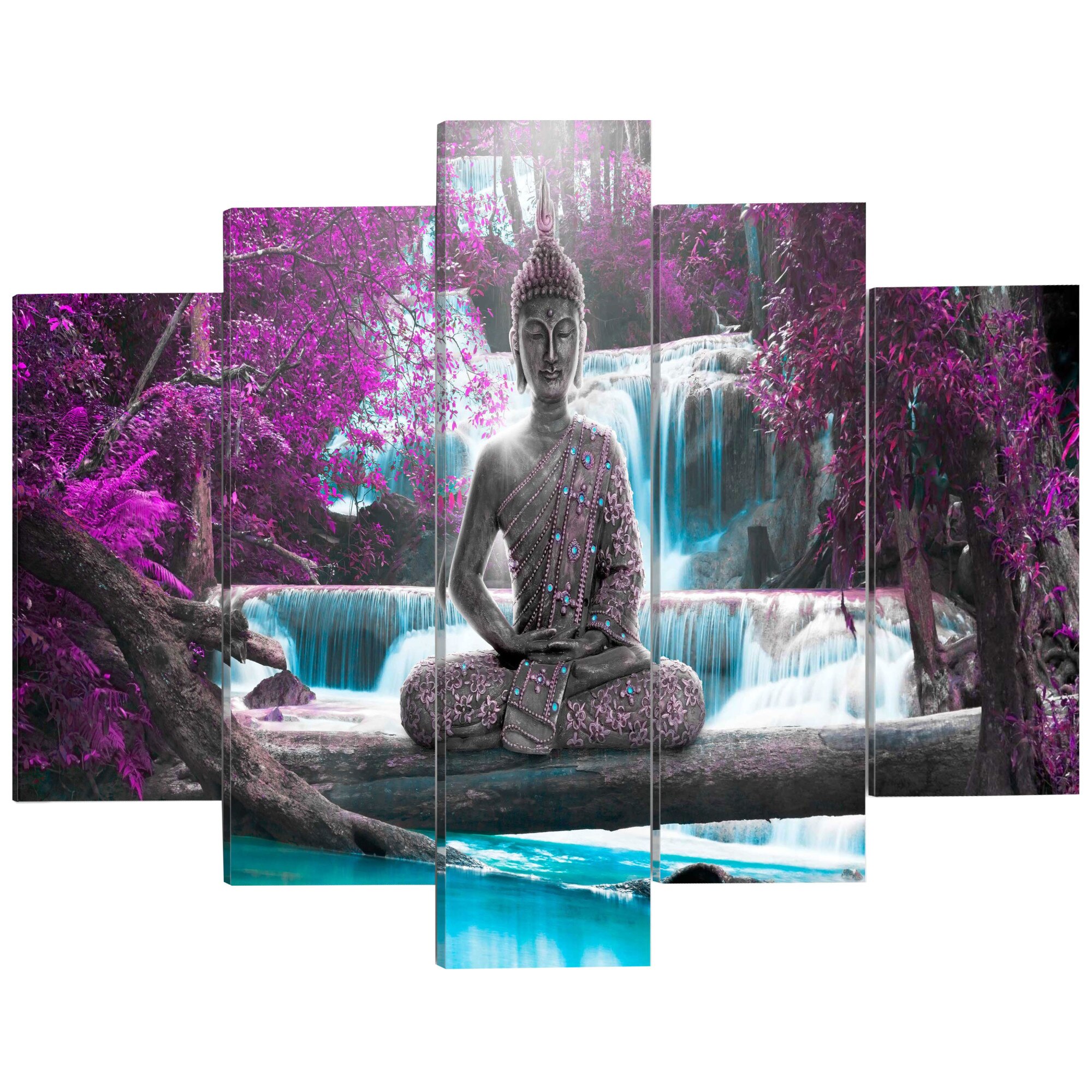 Imagine pe sticla acrilica - Cascada si buddha - Tablou 5 piese - 100 x 50 cm