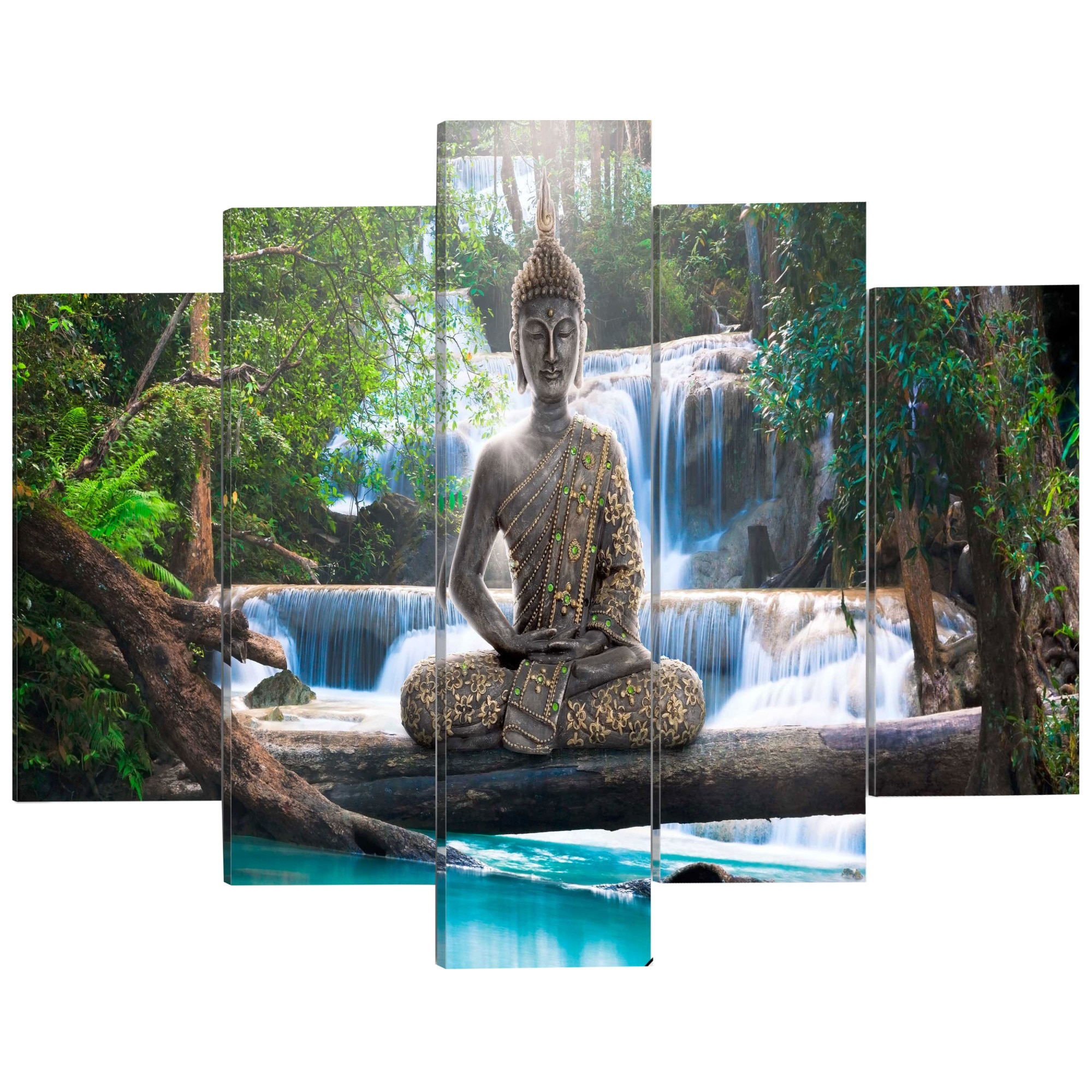 Imagine pe sticla ,5 piese, Buddha si Cascada , acrilica 100 x 50 cm