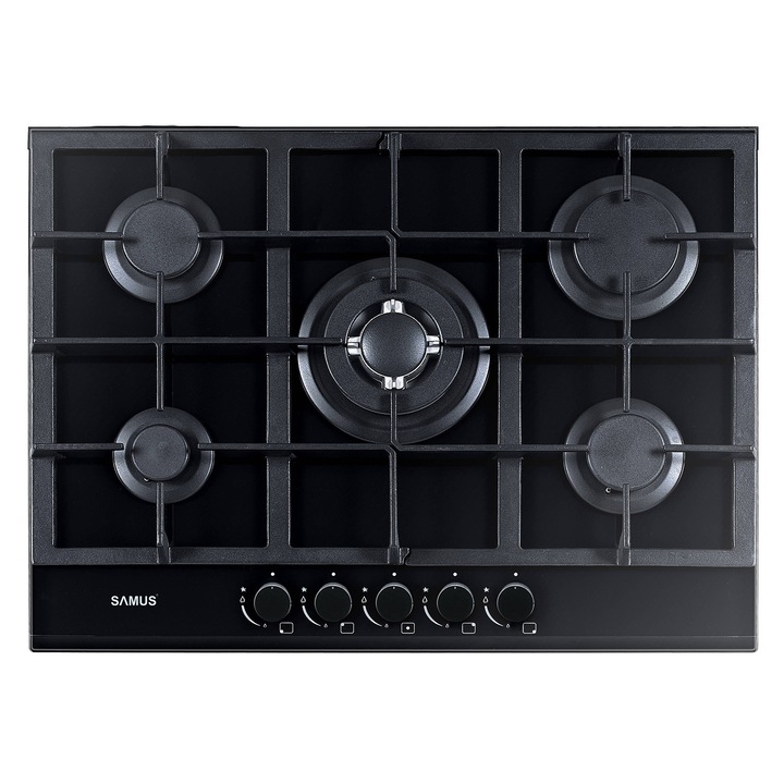 Plita incorporabila Samus PSG-75SG, Gaz, 5 arzatoare, Aprindere electrica, Siguranta arzatoare, 68 cm, Sticla neagra