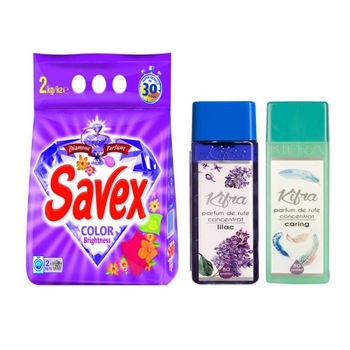 Pachet Kifra Caring 200 ml+ Kifra Liliac 200 ml+ Detergent Savex Color 2 kg Pachet Kifra Caring 200 ml+ Kifra Liliac 200 ml+ Detergent Savex Color 2 kg