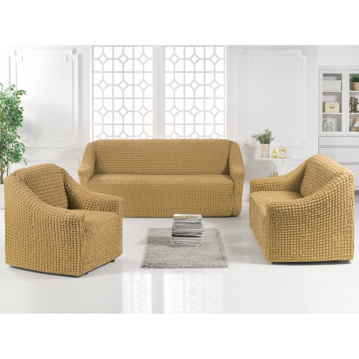 Set huse 3 piese - 311, pentru canapea 3 locuri si 2 fotolii, elastice, fara volane - Culoare - Bej