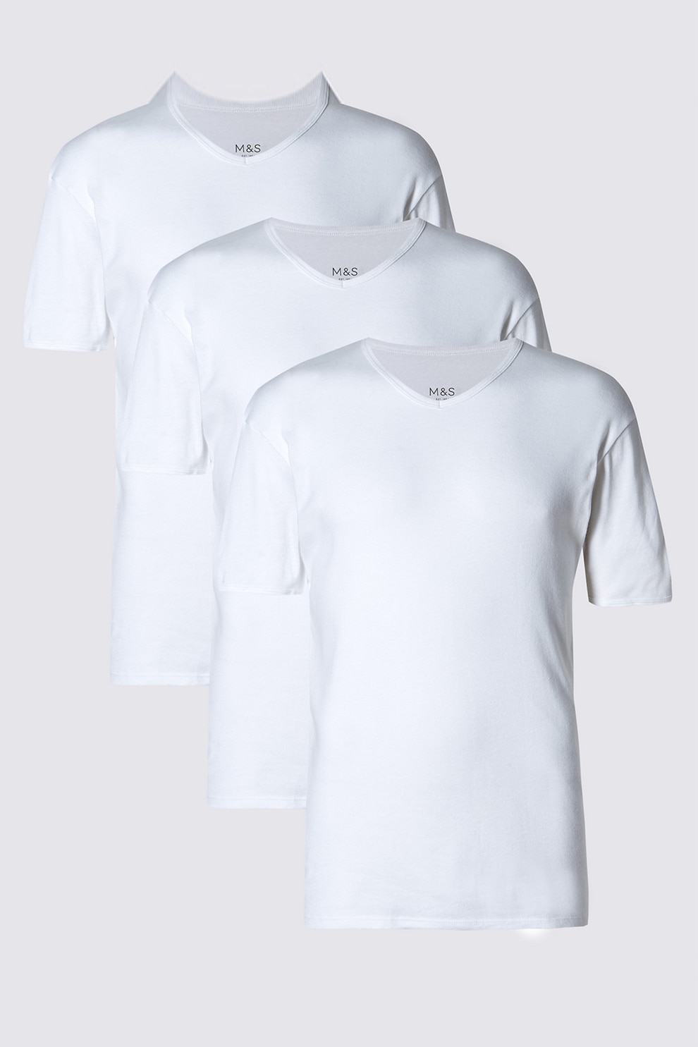 Marks & Spencer, Set de 3 tricouri cu decolteu in V, Alb, M