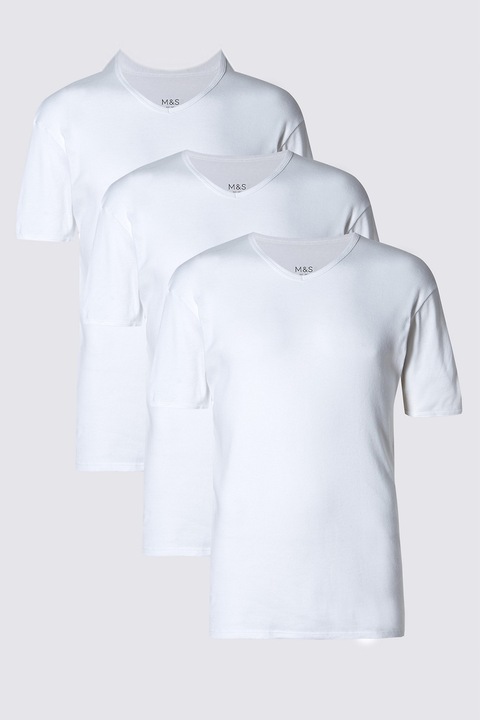 Marks & Spencer, Set de 3 tricouri cu decolteu in V, Alb