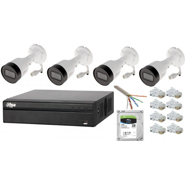 Sistem supraveghere profesional tehnologie IP 4 camere 2MP POE Dahua, NVR 4 canale, accesorii incluse