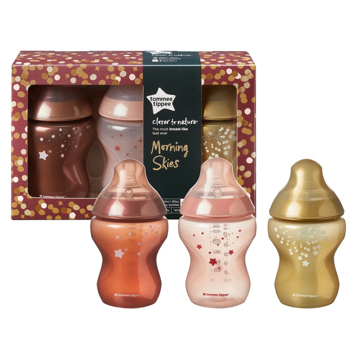 Set biberoane Tommee Tippee, Steaua Diminetii ,260 ml, 3 buc, 0 luni+, Portocaliu