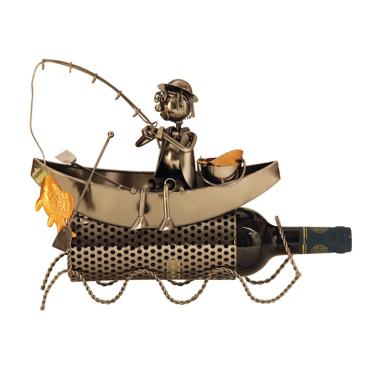 Fém bortartó állvány , 27 cm magas, Horgász csónakkal és aranyhallal