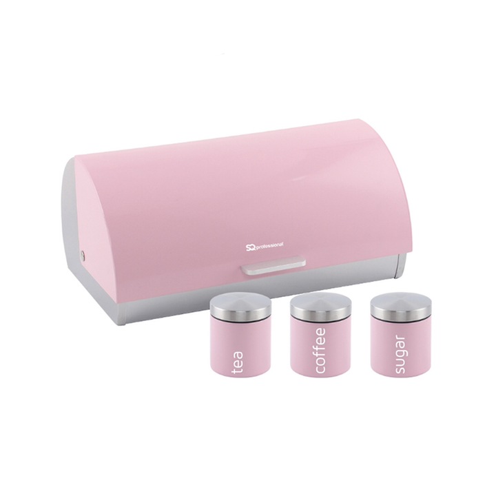 Комплект Кутия за Хляб и 3 Буркана за Съхранение SQ Professional, Инокс, Розов