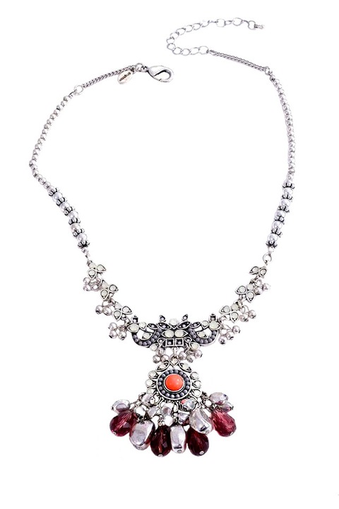 Set Colier si cercei statement, medalion floral cu cristale si margelute mari mov, Argintiu