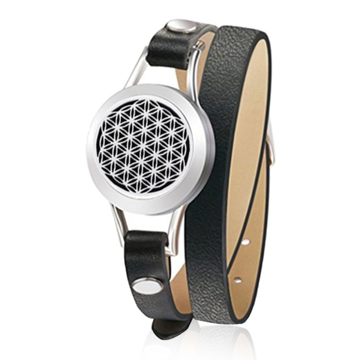 Aromaterápiás karkötő, zioda smart essentials®, diffúzor típus illóolajokhoz, Élet virága, fekete szíj