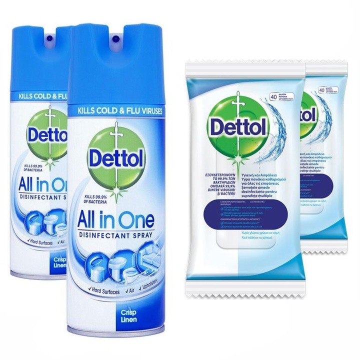 Опаковка Dettol 2 x Дезинфекционен спрей 400 ml Crisp Linen + 2 x Дезинфекционни кърпички 40 бр.
