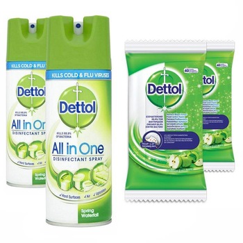 Pachet Dettol 2 x Spray Dezinfectant 400 ml Spring Waterfall + 2 x servetele dezinfectante 40 buc Mar Verde Pachet Dettol 2 x Spray Dezinfectant 400 ml Spring Waterfall + 2 x servetele dezinfectante 40 buc Mar Verde