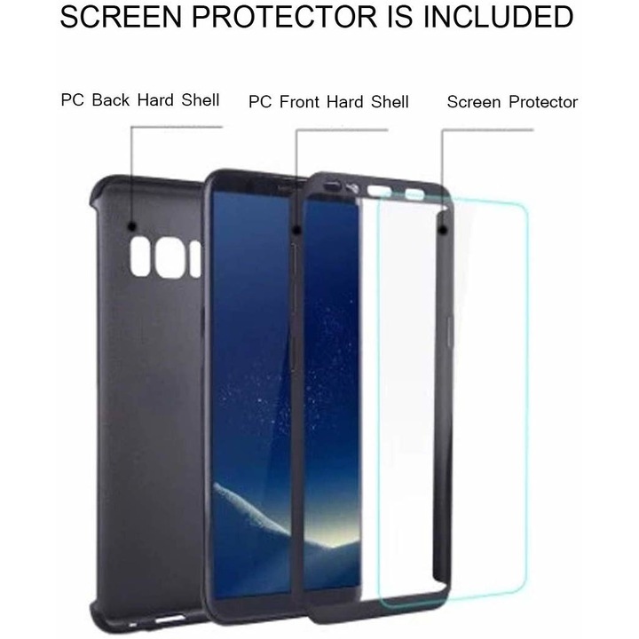 Защитен калъф за Samsung Galaxy S8, черен, Fullbody отпред-отзад, безплатно защитно фолио