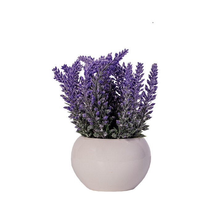 Ghiveci ceramic rotund cu buchet de flori lavanda artificiala, 17 cm