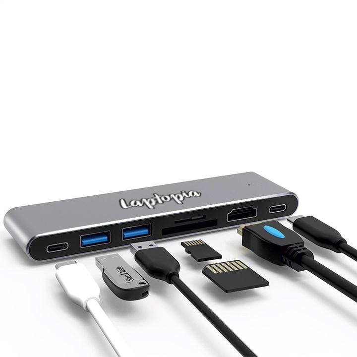 Hub USB 3.0 MacHub Laptopia® Type-C Thunderbolt TF/SD/Micro Card Reader HDMI 4K pentru MacBook Pro, MacBook Air
