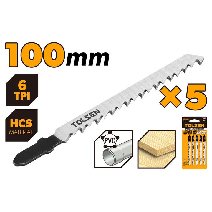 Set 5 lame TOLSEN T101D pentru ferastraie pendulare, taiere rapida in lemn, PAL, placaj, scanduri si plastic, coada tip T, lungime 100mm, 6TPI, material HCS, compatibile universal