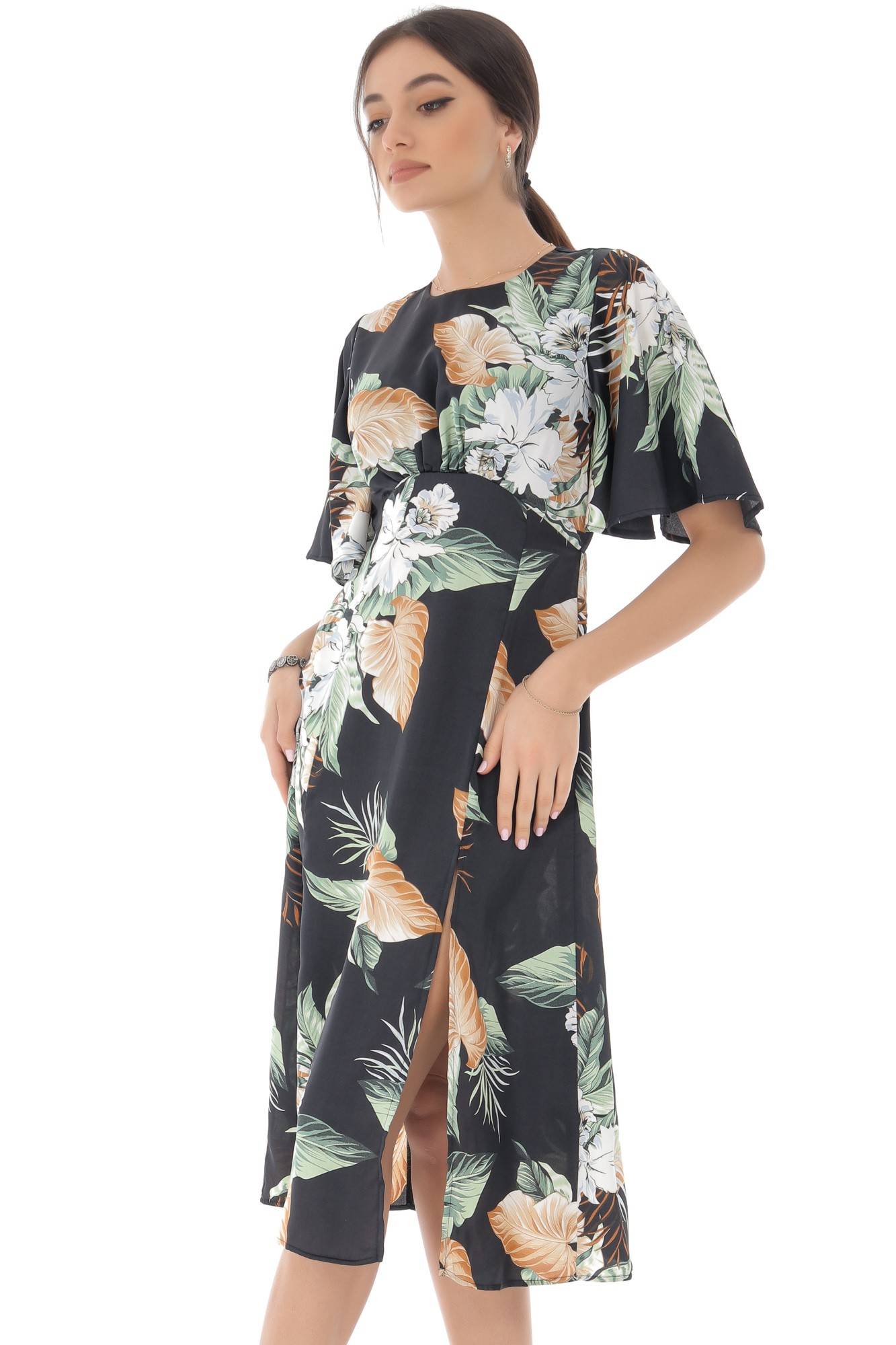 Rochie neagra imprimata floral, midi - ROH - DR4074, 42