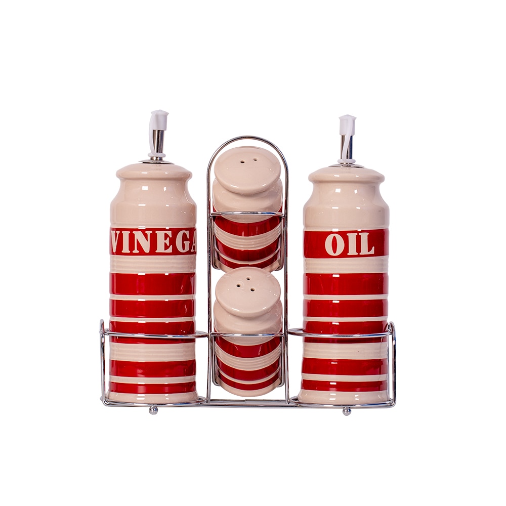 Set oliveira de ulei,otet,piper si sare din ceramic cu suport cromat