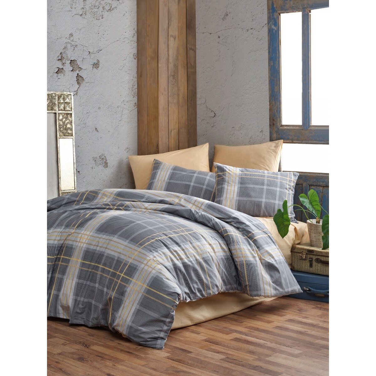 Lenjerie pat 3 piese, bumbac 100% ranforce,1 persoana, Bahar Home, Cross V1