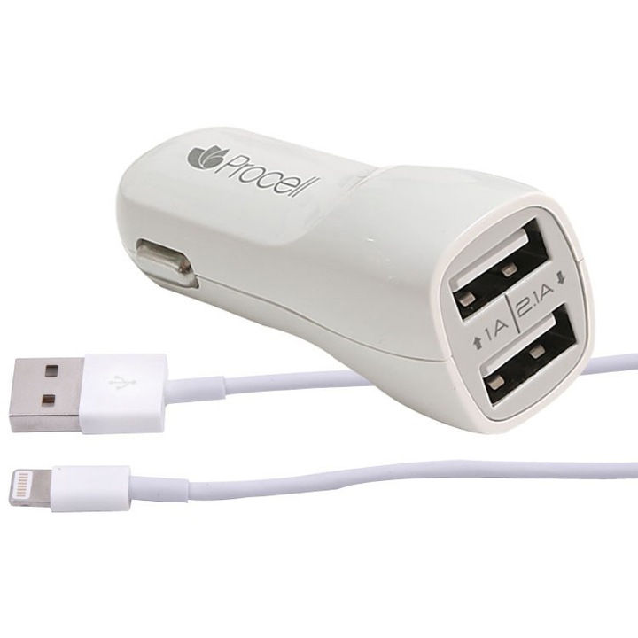 Зарядно устройство за автомобил Procell Dual 2.1 USB Lightning, Кабел MFI, 1 м, Бял