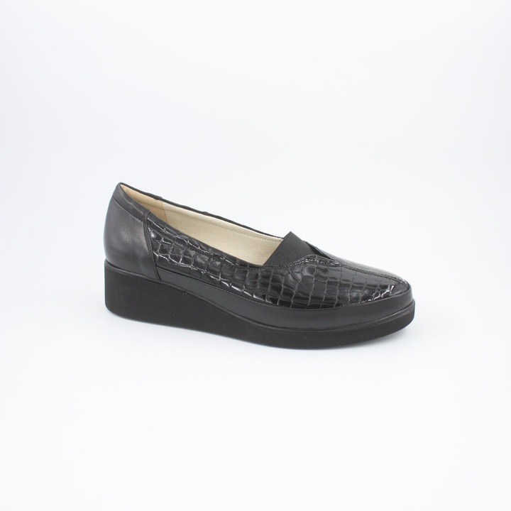 Pantofi dama piele lacuita croco varf rotund talpa demi-wedge negru 38 EU