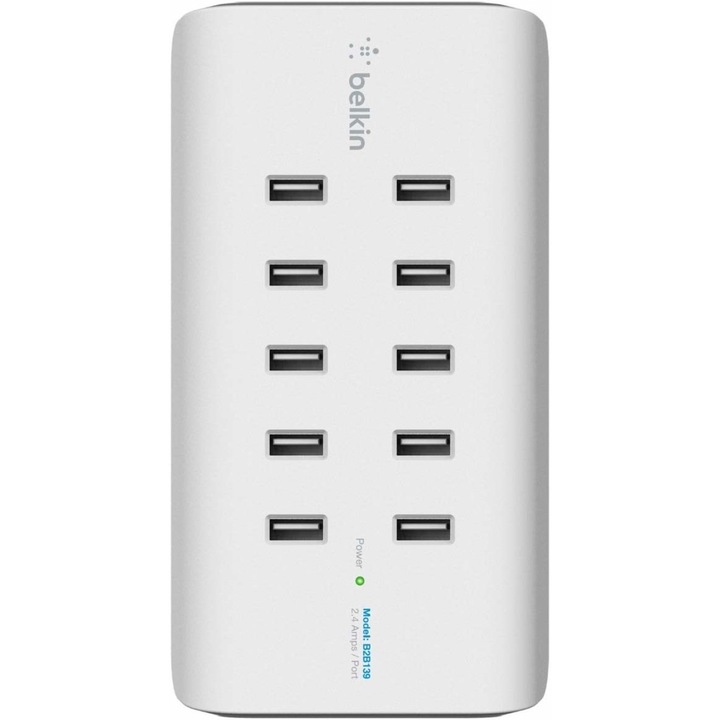 Incarcator retea Belkin Rockstar, 10 x USB 2.0, incarcare rapida, protectie supra-tensiune, alb