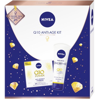 Set ingrijire fata si maini Nivea Q10 Anti-Age: Crema de zi antirid si fermitate Nivea Q10 Power cu FPS 15, 50 ml + Crema de maini 3 in 1 anti-imbatranire Nivea Q10, 100 ml Set ingrijire fata si maini Nivea Q10 Anti-Age: Crema de zi antirid si fermitate Nivea Q10 Power cu FPS 15, 50 ml + Crema de maini 3 in 1 anti-imbatranire Nivea Q10, 100 ml