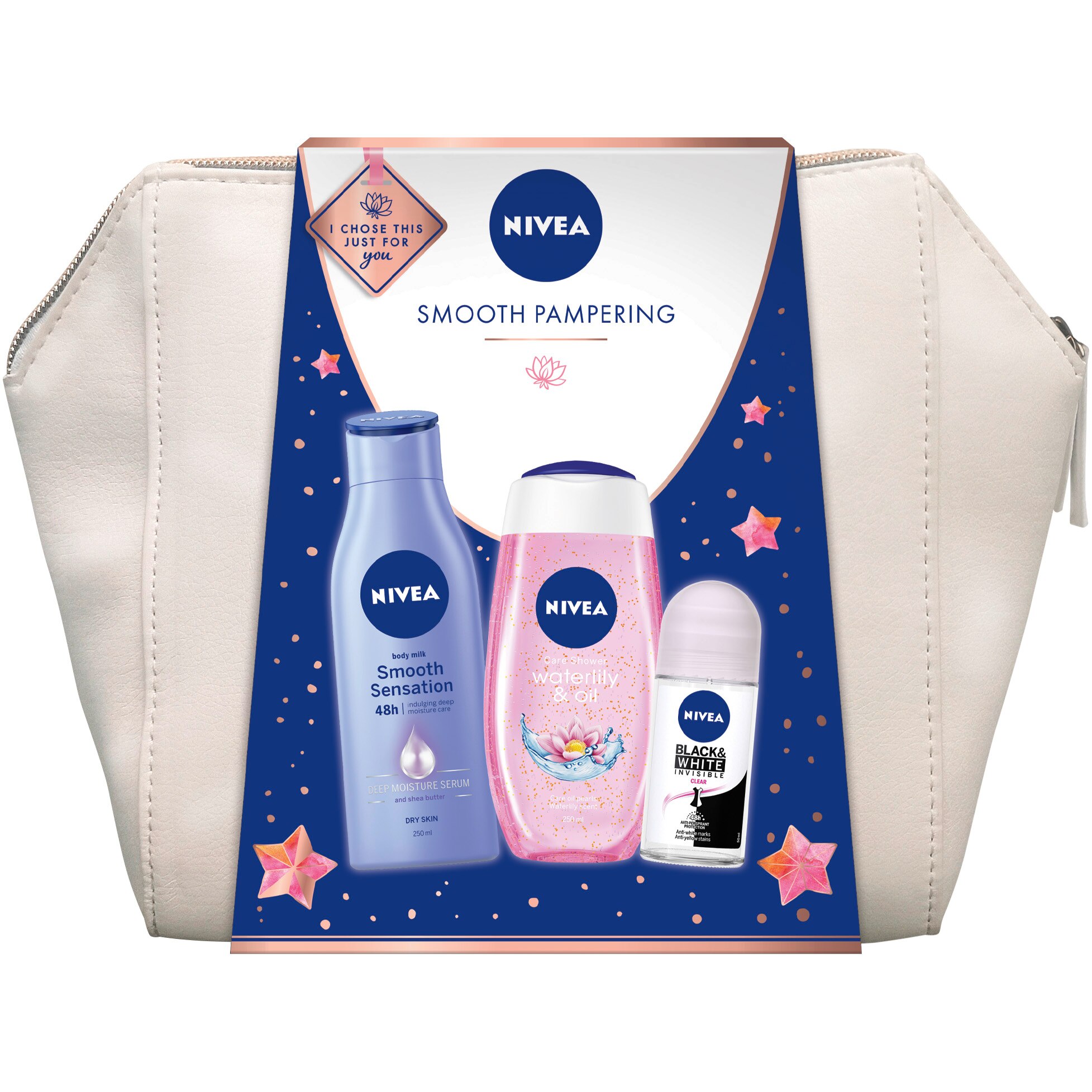 Set ingrijire corp Nivea Smooth Pampering: Lapte de corp Smooth Sensation pentru piele uscata, 250 ml + Gel de dus Waterlily&Oil, 250 ml + Deodorant roll-on Black&White Invisible Clear, 50 ml