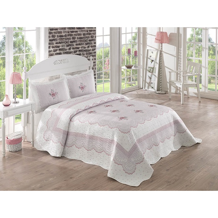Двойно капитонирано покривало за легло Cristiano Mari в комплект с 2 бр калъфки ORTUM Clara Pink 100% натурален памук