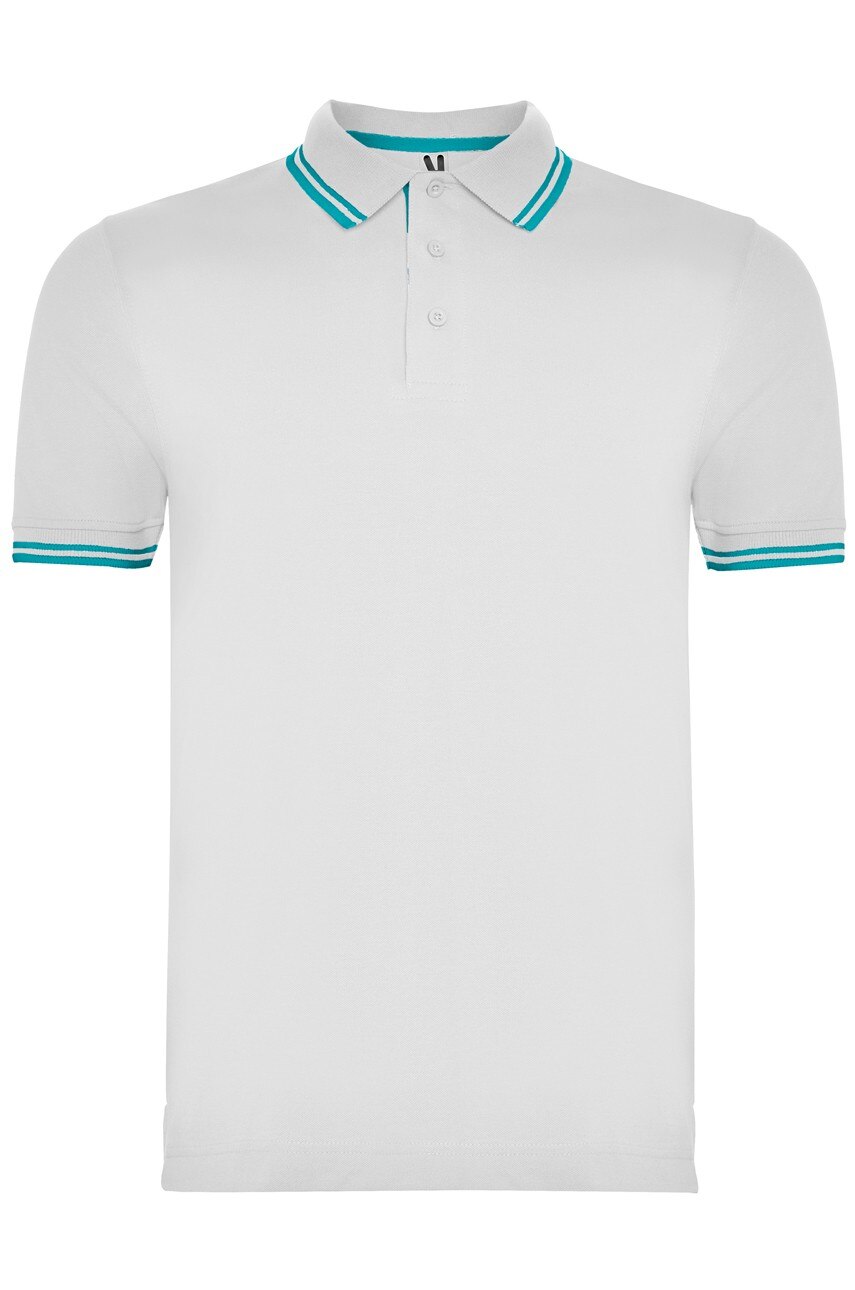 Tricou polo barbati, bumbac 100%, Roly Montreal, Alb/Turcoaz