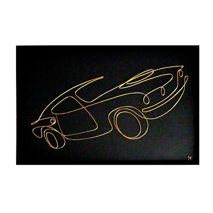 Tablou Mustang (after differantly), sculptura in fir continuu de sarma non-tarnish auriu de 1 mm, rama neagra 30 x 20 cm, fundal negru