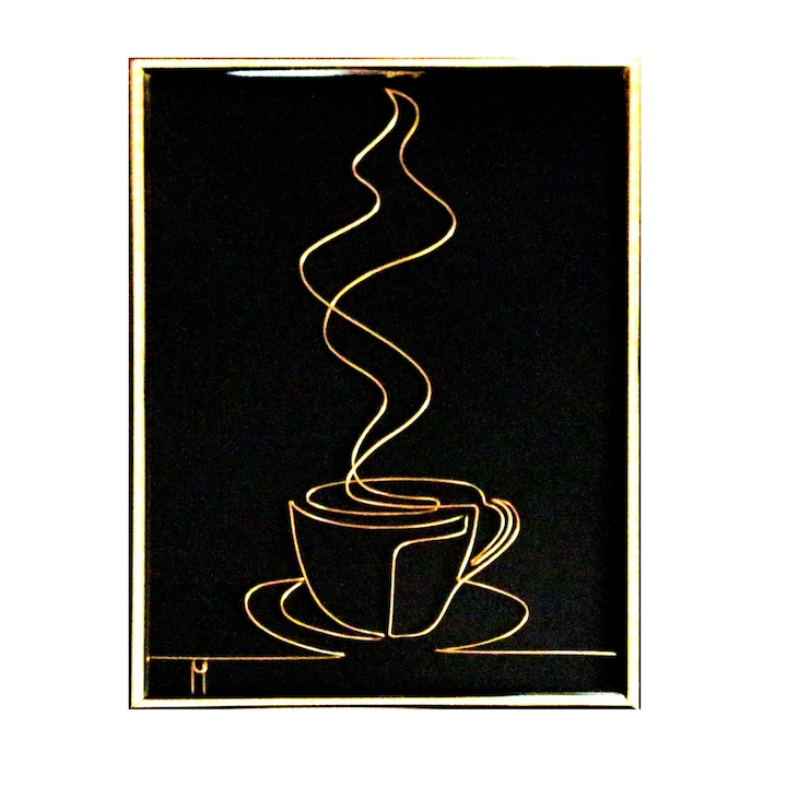 Tablou Cafea aromata, sculptura in fir continuu de sarma non-tarnish auriu de 1 mm, rama aurie 15x20 cm, fundal negru