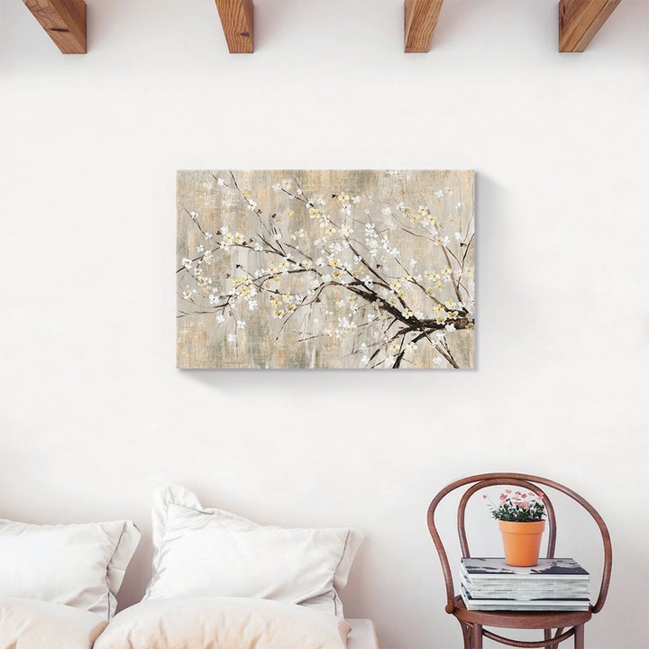Tablou Canvas - Floral, Flori de ciresi, Alb, Pictura, 60 x 90 cm