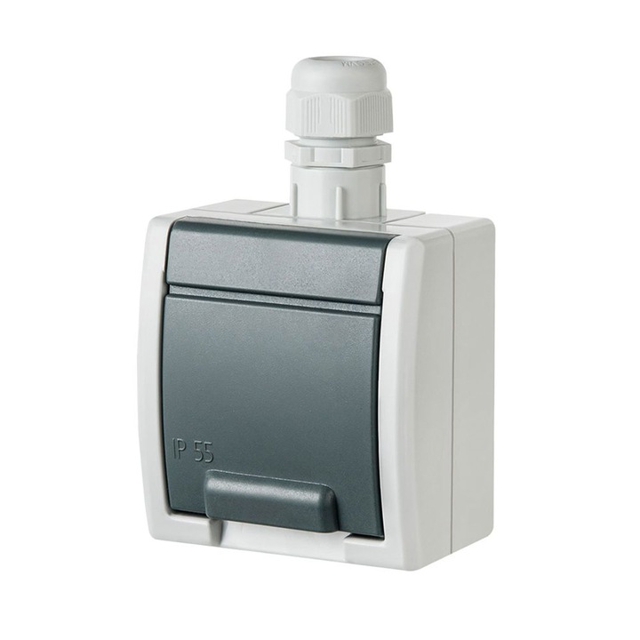 Единичен контакт Elektroplast Aquant, Вътрешен/Външен, С капак, Върху мазилка, 16A/250V, IP65, Сив