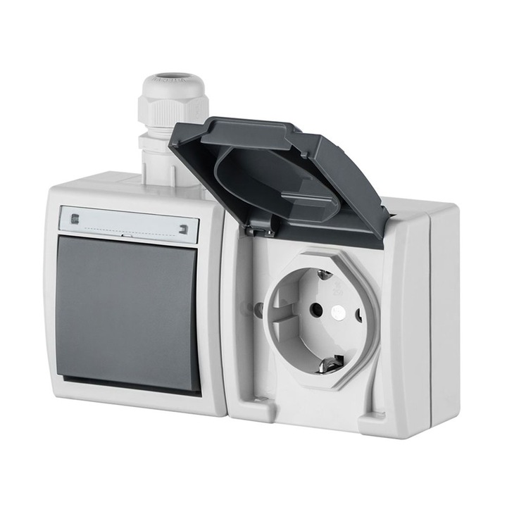 Двоен контакт Elektroplast Aquant, Вътрешен/Външен, С капак, Върху мазилка, 16A/250V, IP65, Сив