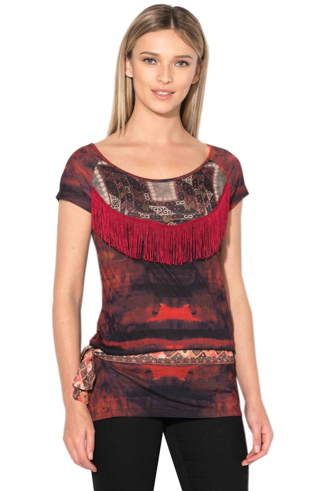 Tricou multicolor cu franjuri Meritxell, Desigual, Multicolor, L