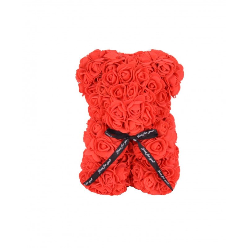 Ursulet de 25 cm din trandafiri de spuma, rosu, in cutie decorata cu funda