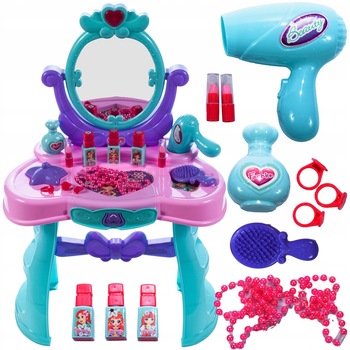 Masuta de Machiaj pentru Fetite, PRETTY PINK, Oglinda, Uscator , Numeroase Accesorii, Roz/Albastru Masuta de Machiaj pentru Fetite, PRETTY PINK, Oglinda, Uscator , Numeroase Accesorii, Roz/Albastru