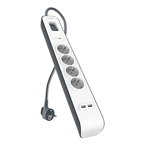 Prelungitor Belkin cu protectie la supratensiune, pana la 525 Joules, 4 prize, indicator LED, 2x USB 2.0, capace de siguranta, alb/gri