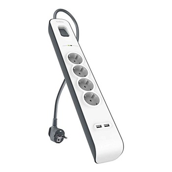 Prelungitor Belkin cu protectie la supratensiune, pana la 525 Joules, 4 prize, indicator LED, 2x USB 2.0, capace de siguranta, alb/gri Prelungitor Belkin cu protectie la supratensiune, pana la 525 Joules, 4 prize, indicator LED, 2x USB 2.0, capace de siguranta, alb/gri