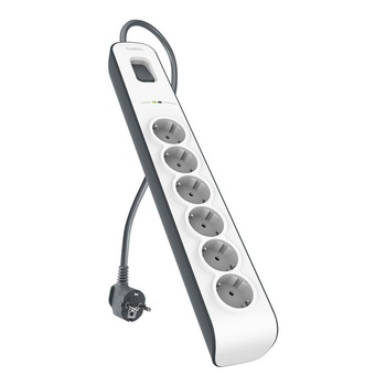 Prelungitor Belkin cu protectie la supratensiune, pana la 650 Joules, 6 prize, indicator LED, capace de siguranta, alb/gri Prelungitor Belkin cu protectie la supratensiune, pana la 650 Joules, 6 prize, indicator LED, capace de siguranta, alb/gri