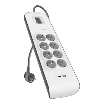 Prelungitor Belkin cu protectie la supratensiune, pana la 900 Joules, 8 prize, indicator LED, 2x USB 2.0, capace de siguranta, alb/gri Prelungitor Belkin cu protectie la supratensiune, pana la 900 Joules, 8 prize, indicator LED, 2x USB 2.0, capace de siguranta, alb/gri