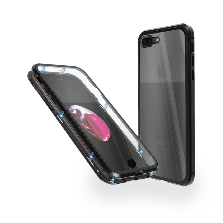 Магнитен 360° Kейс Fashion Case за iPhone 7 Plus, Стъкло отпред и отзад, 2 Стъкла, Черен