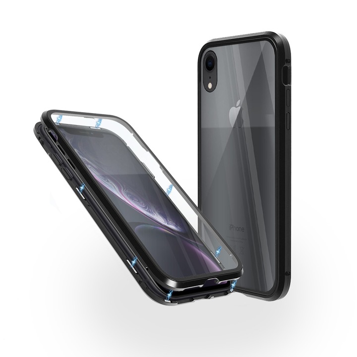 Магнитен 360° Kейс Fashion Case за iPhone XR, Стъкло отпред и отзад, 2 Стъкла, Черен