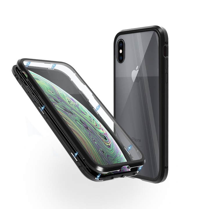 Магнитен 360° Kейс Fashion Case за iPhone XS Max, Стъкло отпред и отзад, 2 Стъкла, Черен