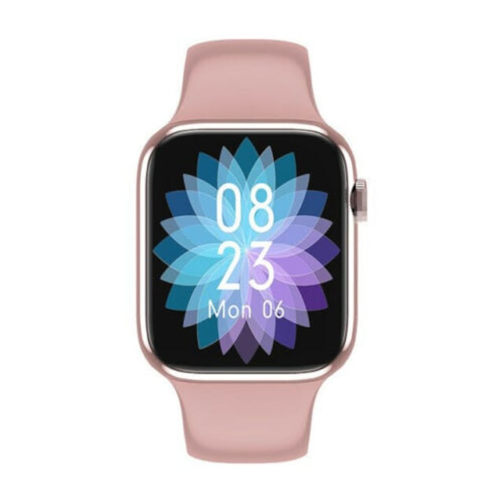 Okosóra iWO8, T5 Watch 5, Android és iOS, pulzusmérő, kalória, lépésszámláló, alvásmonitorozás, sport szíjjal, rózsaszín