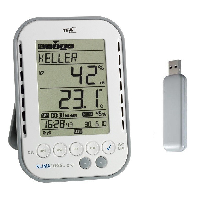 Termometru si higrometru digital tip Data logger TFA S30.3039.IT, Inregistrare valori temperatura si umiditate, Transmitere pe calculator