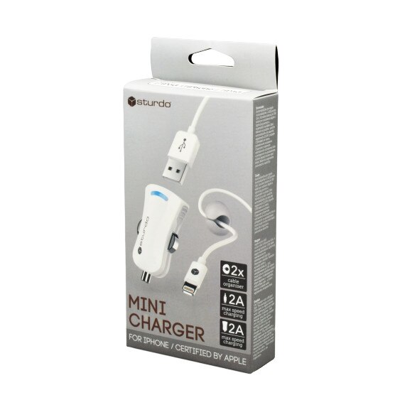 Mini incarcator auto Sturdo 2in1, cu cablu MFI Lightning, 1m, alb